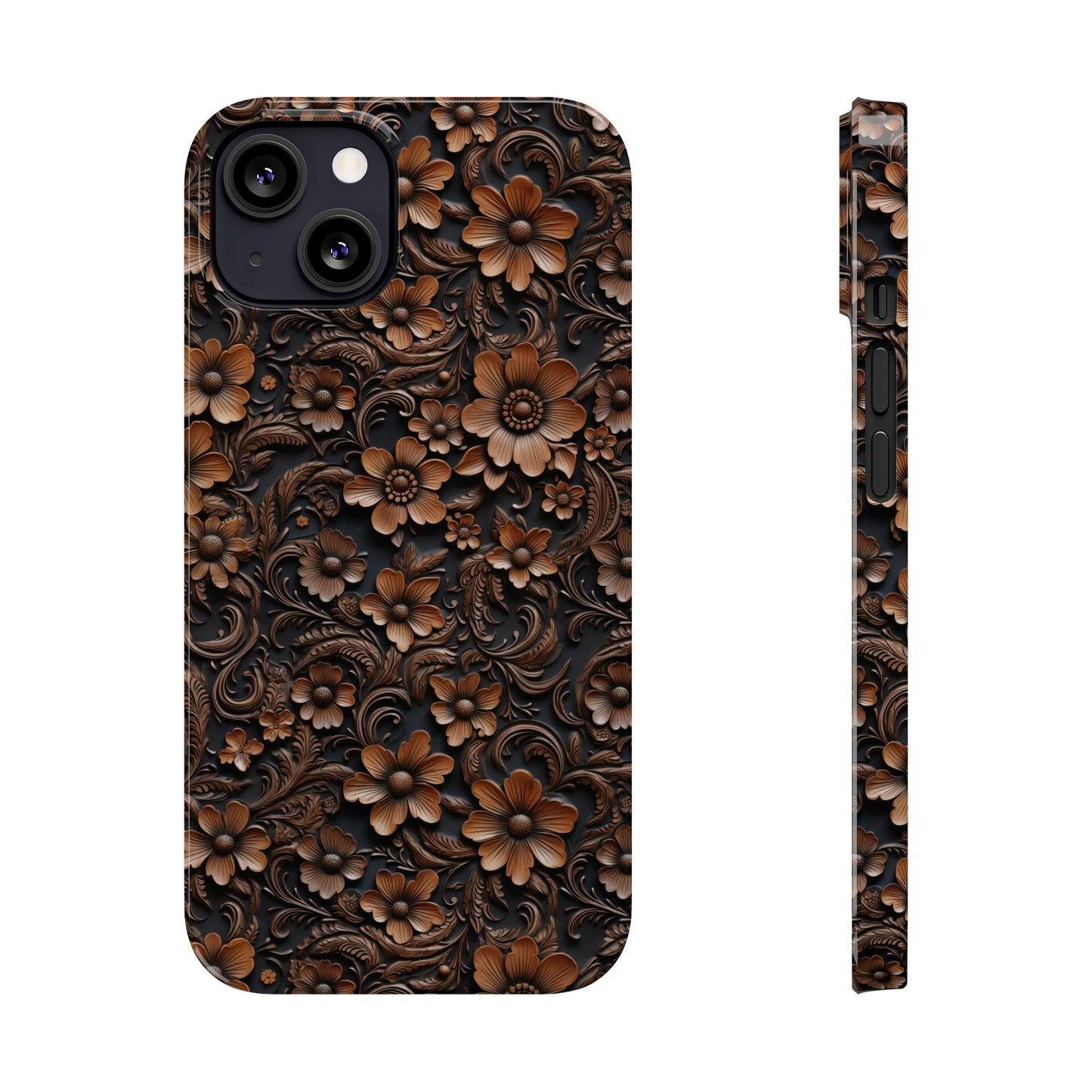 Tooled Deep Brown Leather Flowers Print Design Iphone 15-12 Slim Phone Case