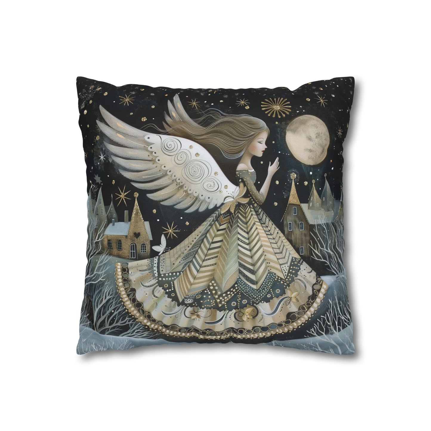 Frosty Angelic Glow: Angel Illuminated by Moonlight on a Snowy Night Spun Polyester Square Pillowcase 4 Sizes