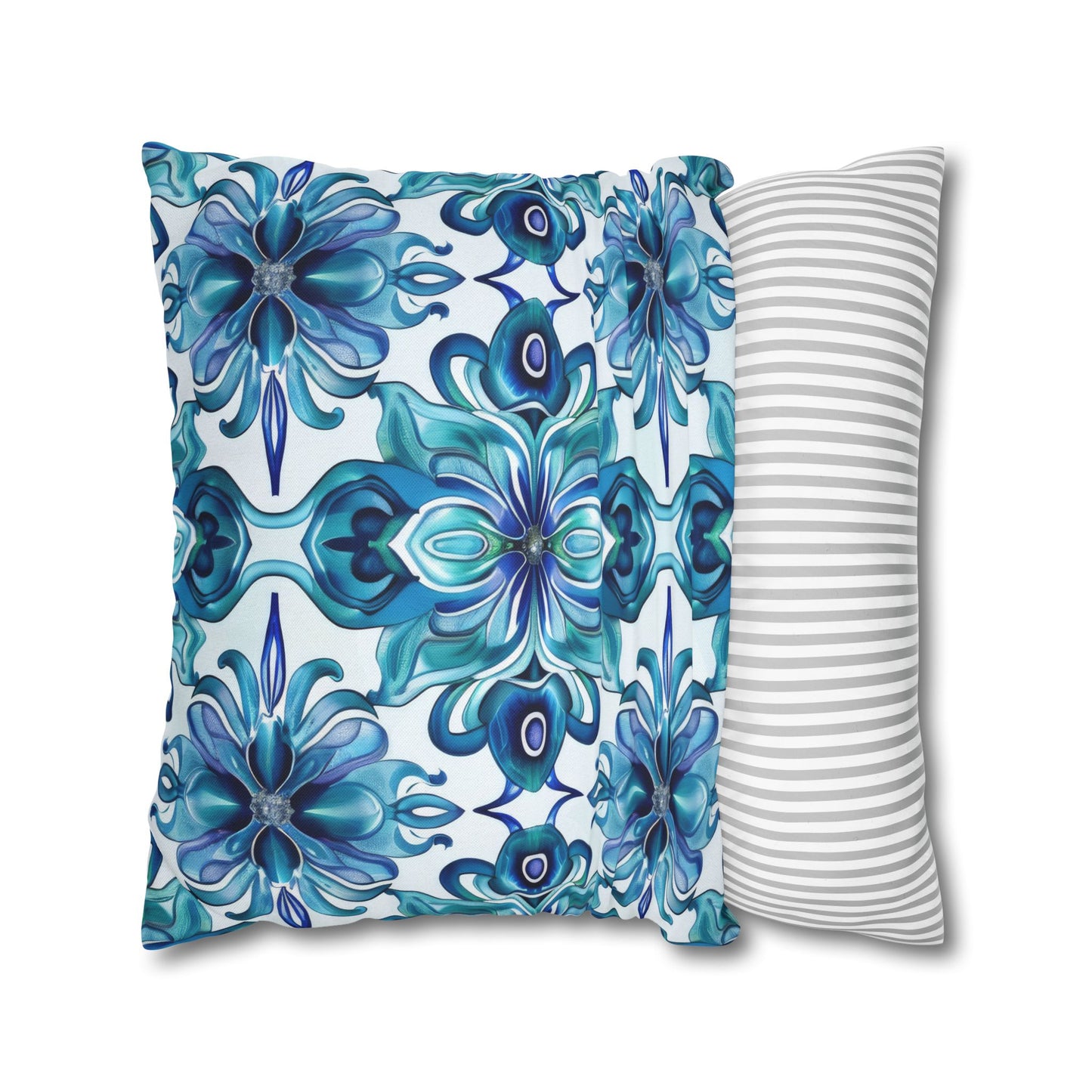 Blossom Symphony of Blue Teal Intricate Floral Pattern Spun Polyester Square Pillowcase 4 Sizes