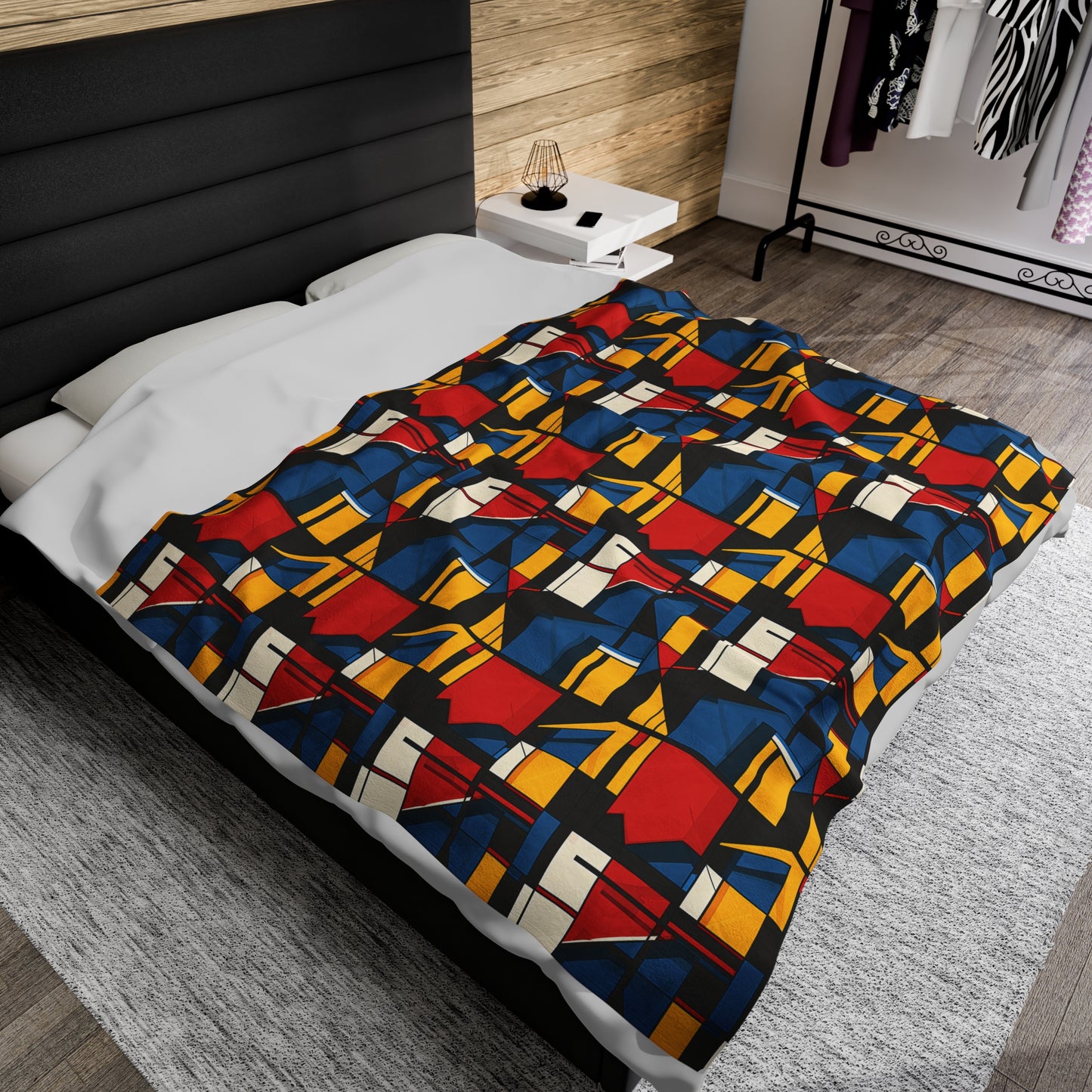 Mondrian-Inspired Bold Primary Colors and Black Lines Abstract Velveteen Plush Blanket 3 Sizes