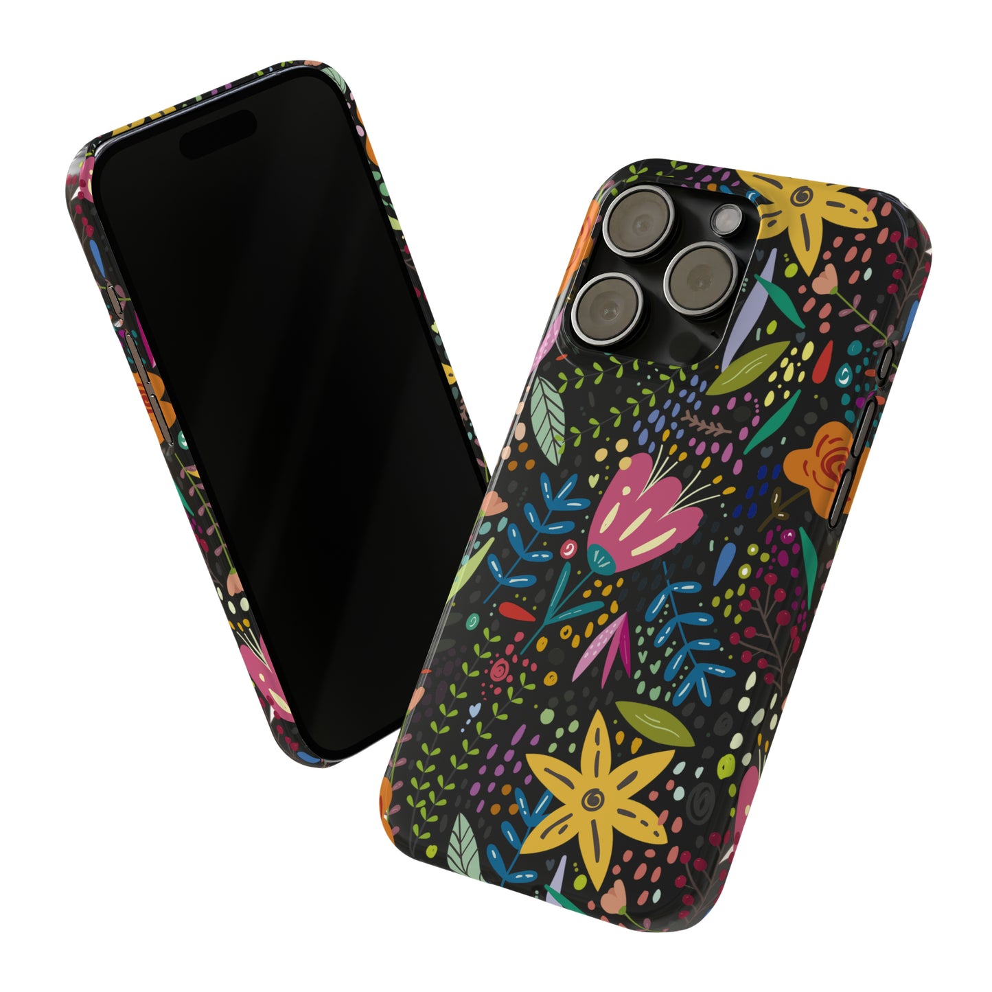 Springtime Splendor: Hand-Drawn Flowers Bursting with Vibrant Colors Design on Black Iphone 15-12 Slim Phone Case