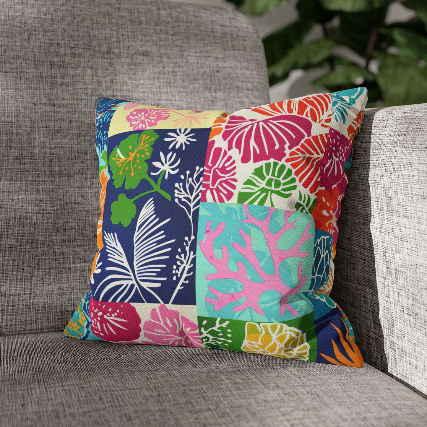 Vibrant Mosaic of Tropical Unique Shapes and Hues, from Vivid Oranges to Deep Blue Leaves and Flowers Spun Polyester Square Pillowcase 4 Sizes