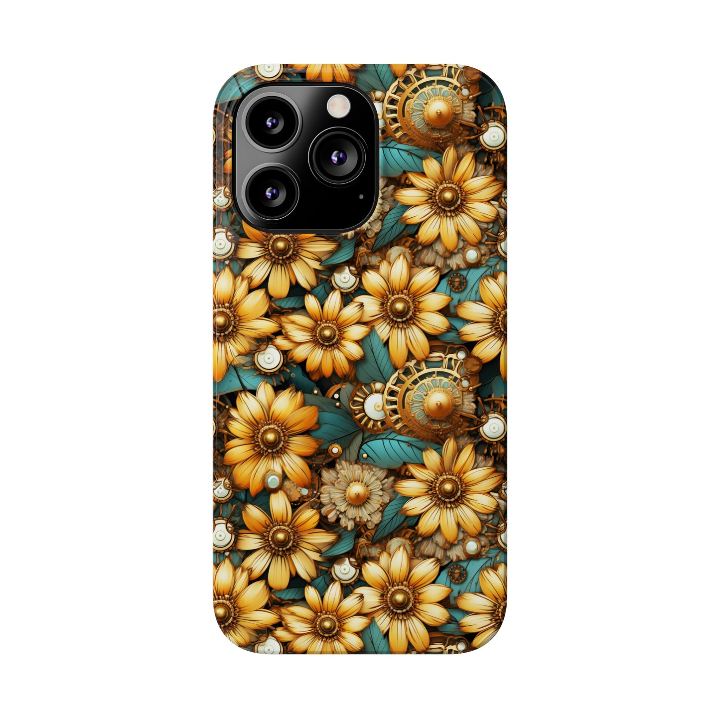 Victorian Steampunk Gold Flowers Teal Background with Gears and Mechanical Elements Iphone 15-12 Slim Phone Case