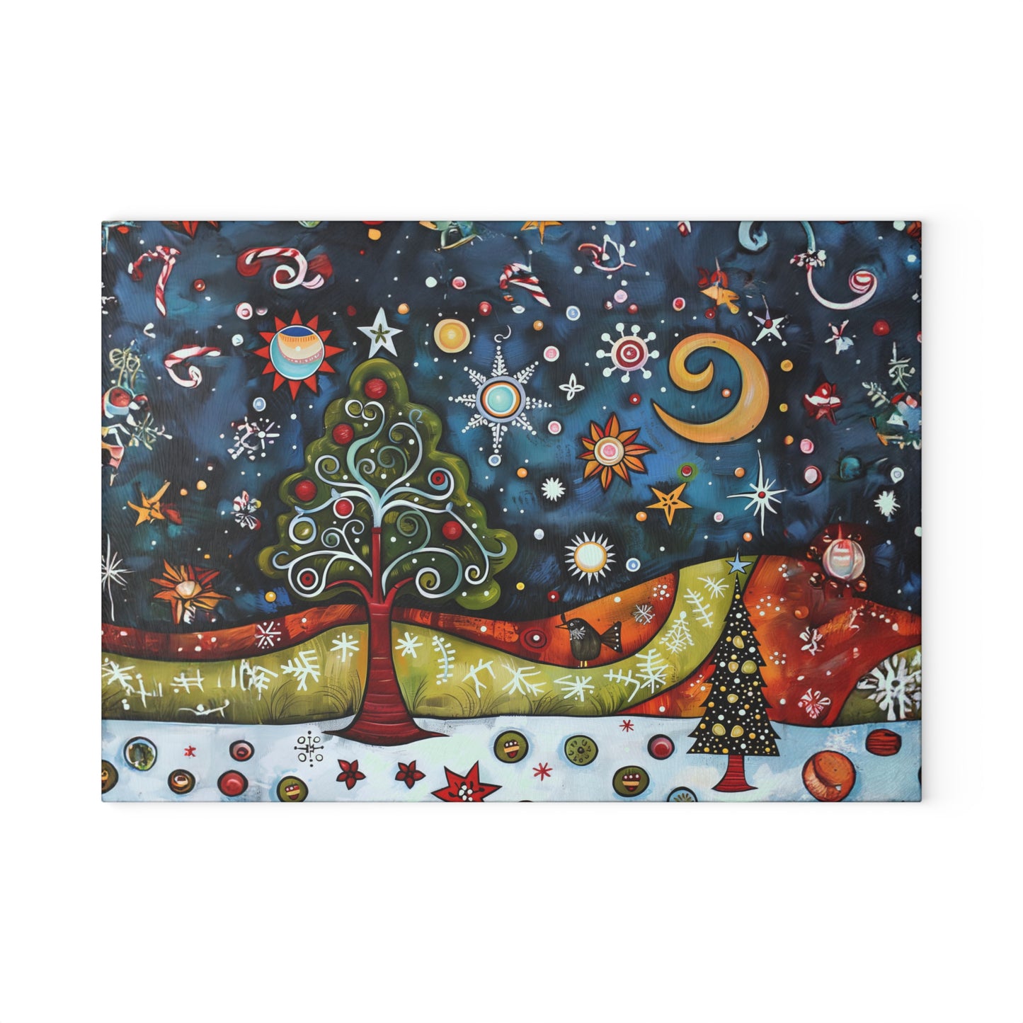 Whimsical Winter Village: Abstract Folk Art Christmas Scene Glass Cutting Board 2 Sizes