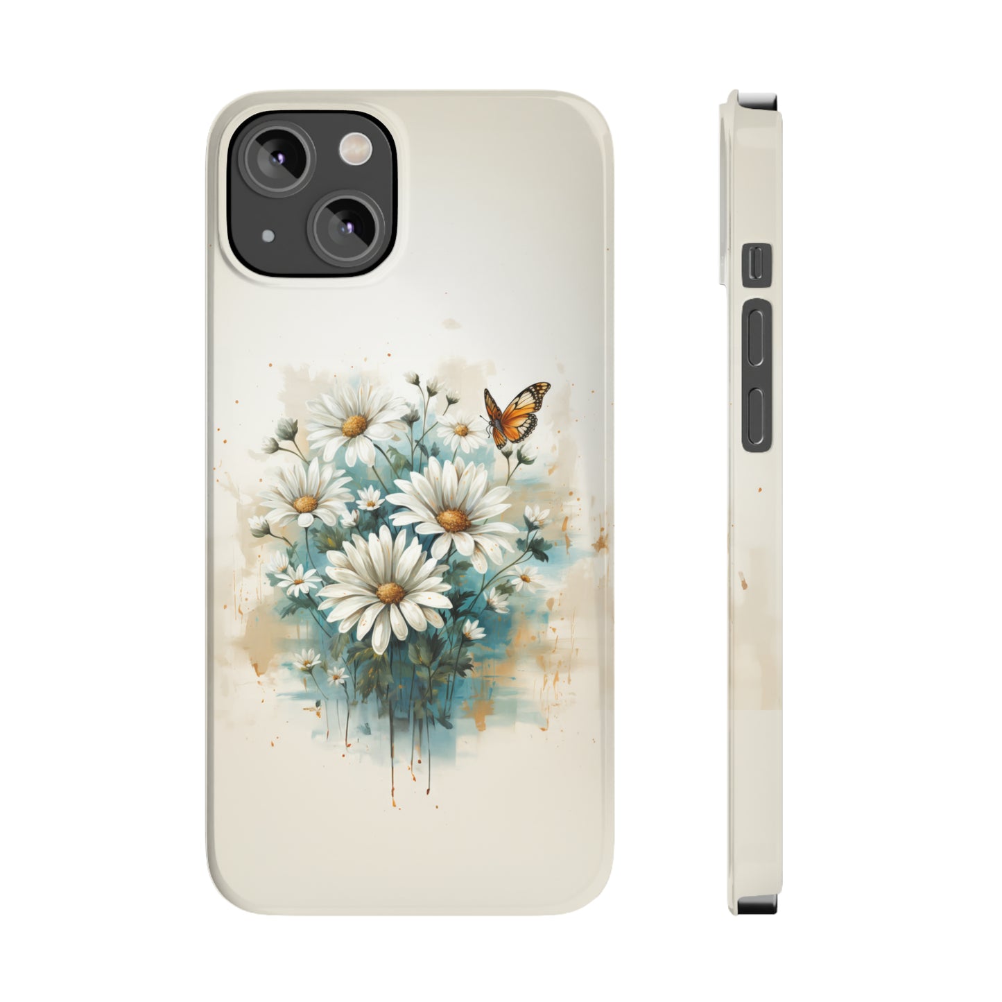 Rustic Farmhouse Teal and White Wild Daisies and Butterflies Iphone 15-12 Slim Phone Case