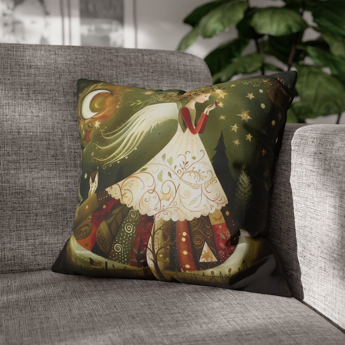 Christmas Angel in Tapestry Dress Amidst a Starlit Forest Spun Polyester Square Pillowcase 4 Sizes