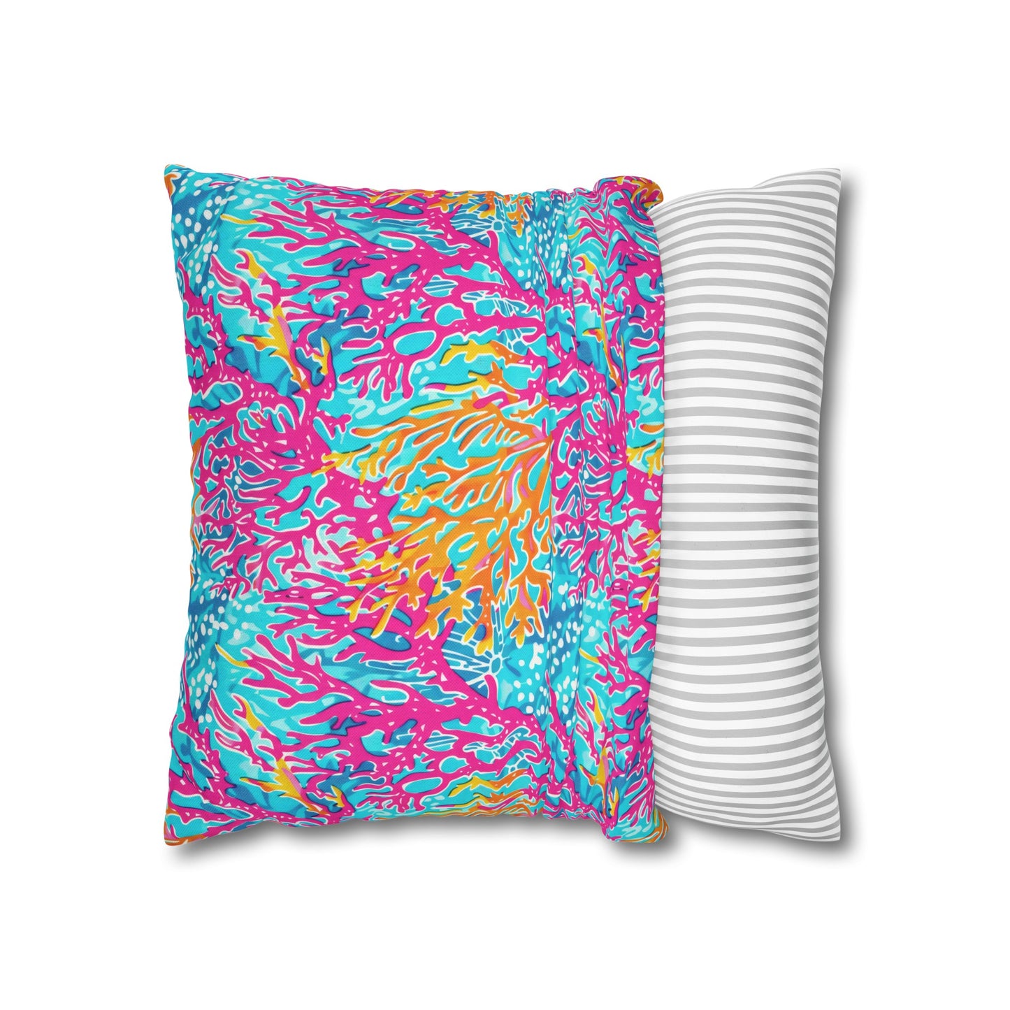 Coral Symphony: Bright Pink, Yellow, and Coral Dancing in the Blue Ocean Spun Polyester Square Pillowcase 4 Sizes