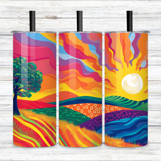 Vibrant Dawn: Abstract Sunrise Over Rolling Hills, Alive with Colorful Flow Skinny Tumbler with Straw, 20oz