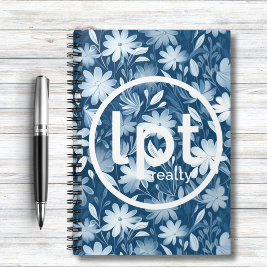 LPT Realty Logo on Blue Watercolor Floral Design  - Spiral Notebook Ruled Line 6"x8"