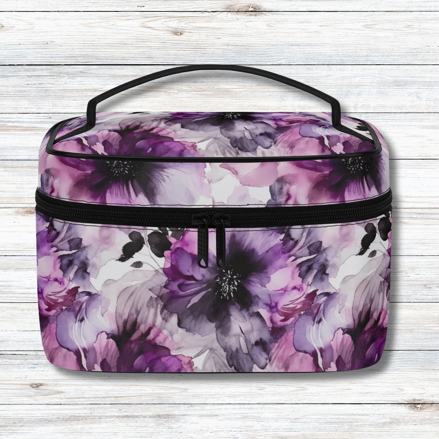 Regal Splendor: Large Purple and Grey Watercolor Flower Design - Cosmetic or Toiletry Bag Faux Leather (PU)