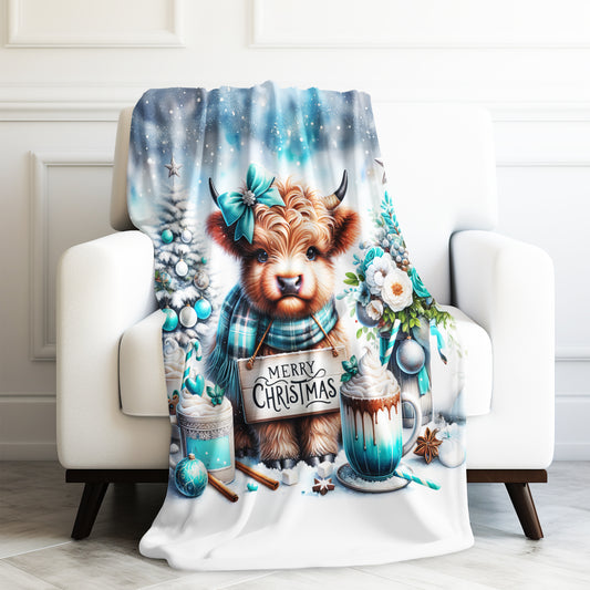 Baby Highland Cow Teal Merry Christmas Velveteen Plush Blanket 3 Sizes