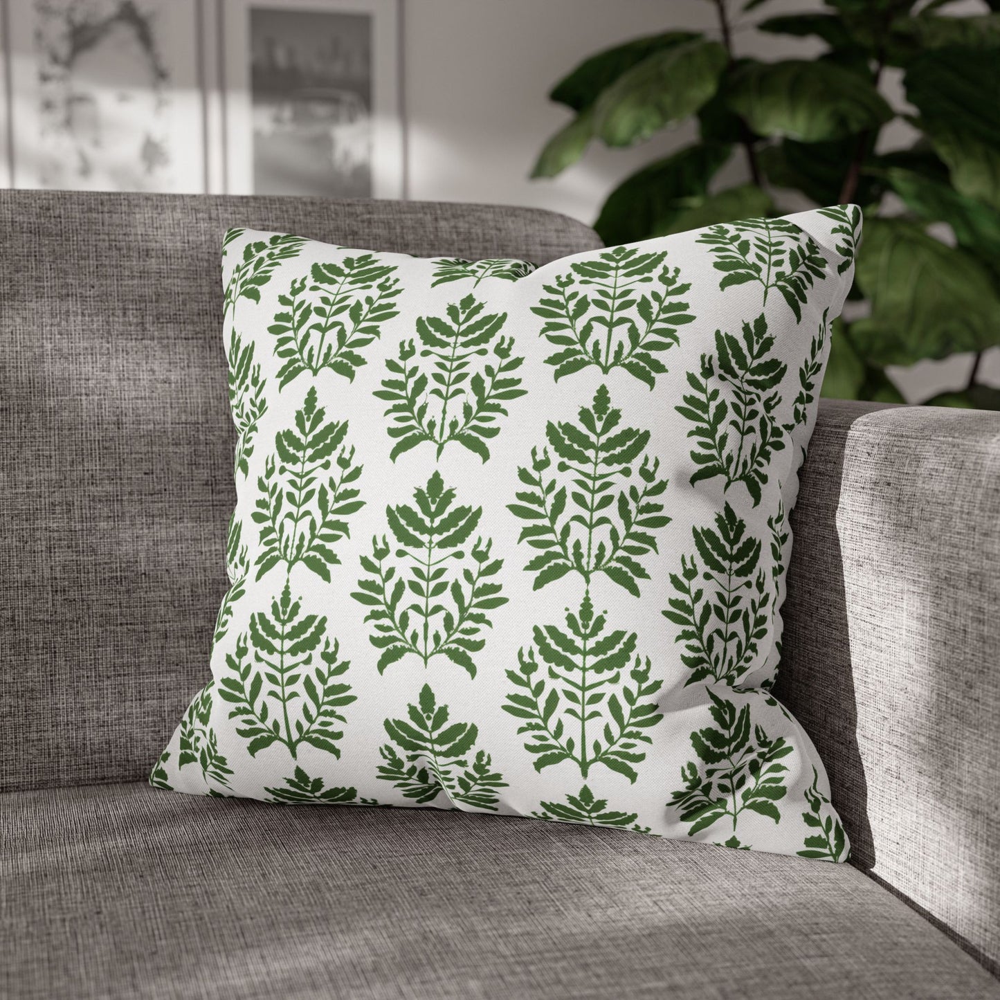 Verdant Harmony in Elegant Green Botanical Block Print Pattern Spun Polyester Square Pillowcase 4 Sizes