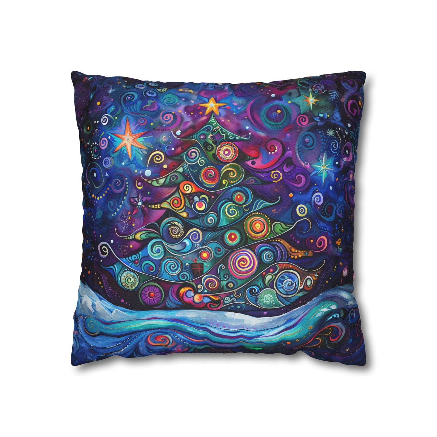 Christmas Tree in Magical Purple Hues, Sparkling Amidst Vibrant Stars Spun Polyester Square Pillowcase 4 Sizes