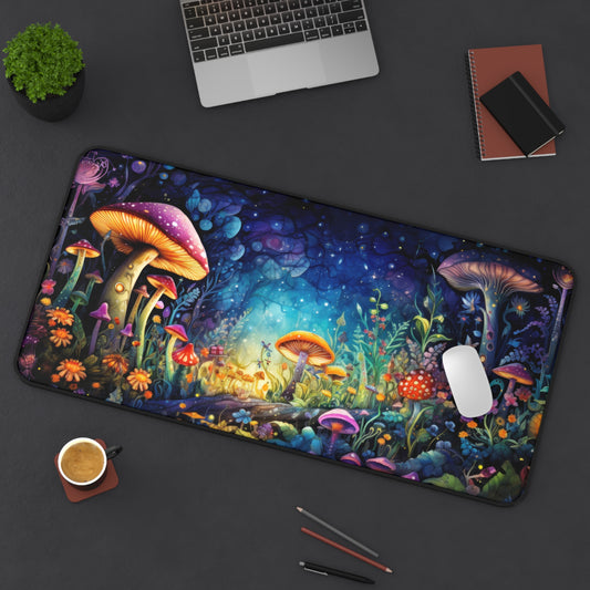 Fantasy Neon Midnight Mushroom and Flower Garden - Desk Mat Extended Gaming Mouse Pad 3 Sizes