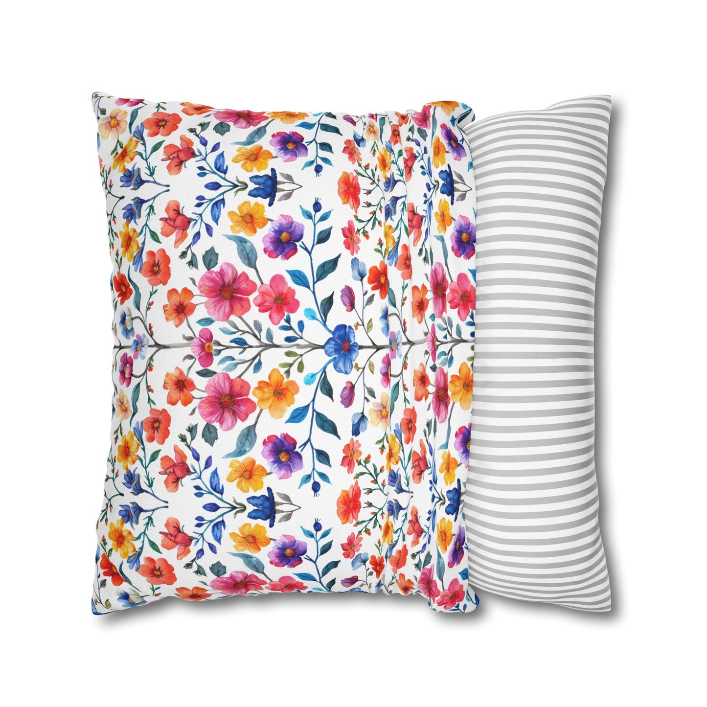 Botanical Symphony with Vibrant Watercolor Flowers  Spun Polyester Square Pillowcase 4 Sizes