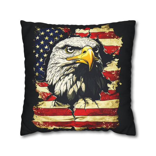 Bold Patriotism American Bald Eagle and Tattered American Flag Spun Polyester Square Pillowcase 4 Sizes