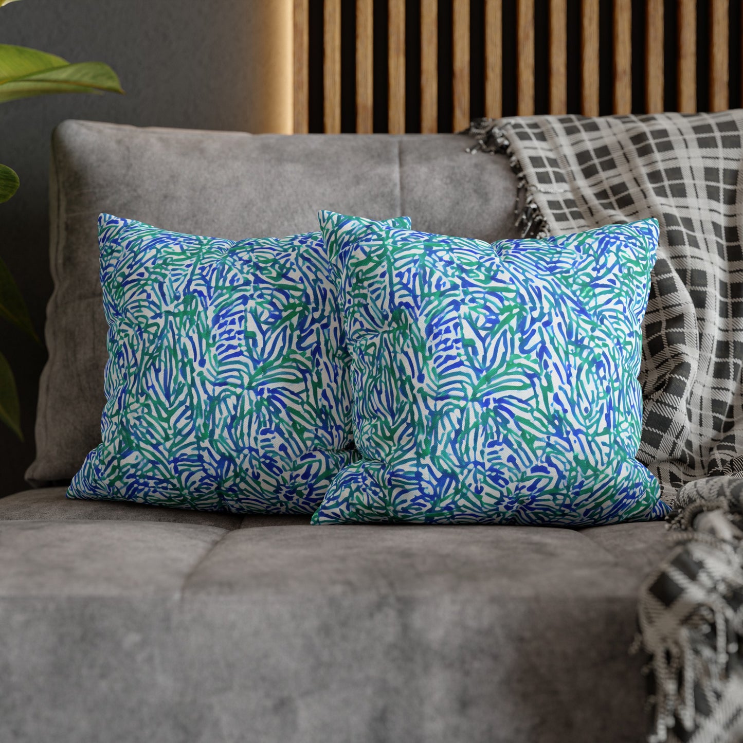 Tropical Fusion: Abstract Palm Leaves in Lime Green and Blue Hues  Spun Polyester Square Pillowcase 4 Sizes