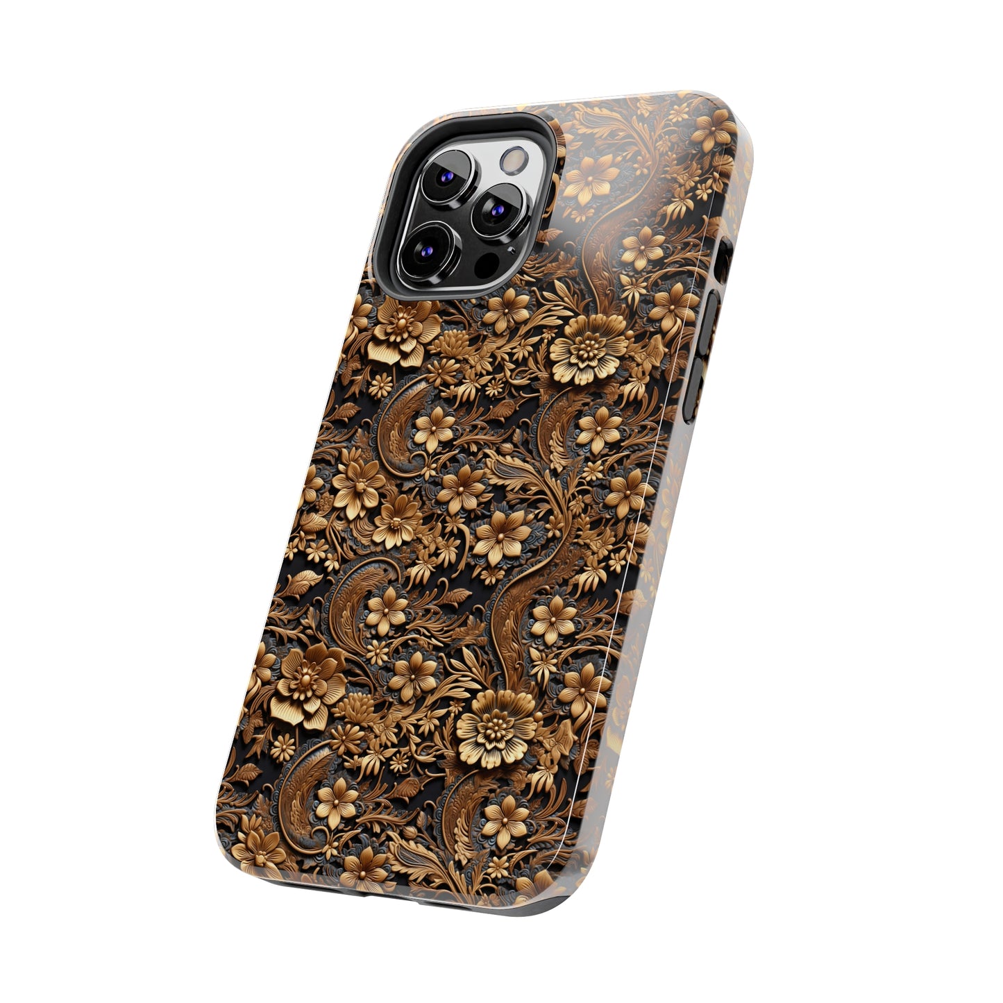 Tooled Leather Large Gold Flowers with Blue Leaf Swirl Accents Print Design Iphone Tough Phone Case