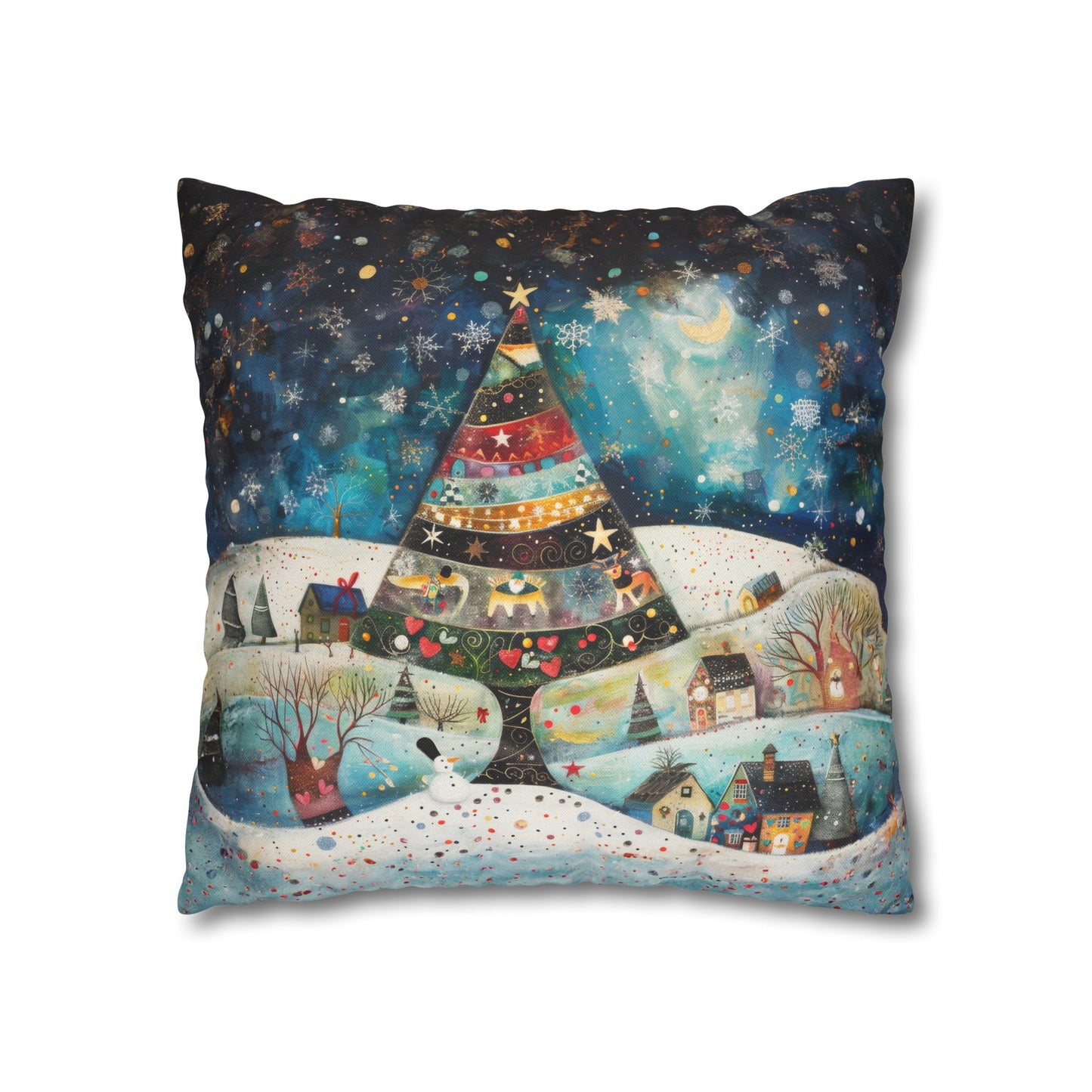 Twilight Treasures: Folk Art Christmas Tree Adorning a Town at Night Spun Polyester Square Pillowcase 4 Sizes