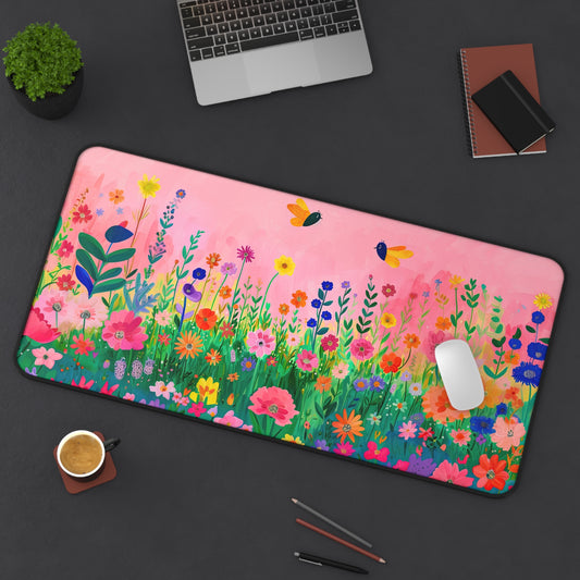 Buzzing Blooms: Flowers and Bees Against a Pink Background  Desk Mat Extended Gaming Mouse Pad - 3 Sizes