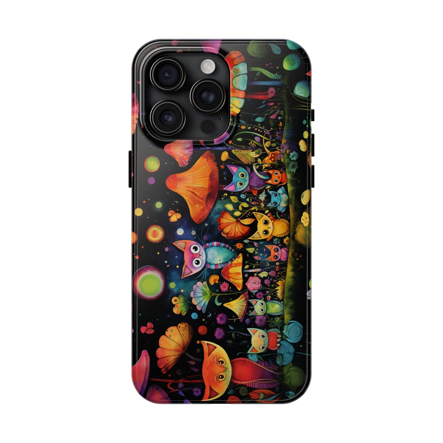 Mystical Cats Amidst a Garden of Flowers and Mushrooms, Beneath a Starry Sky Iphone Tough Phone Case