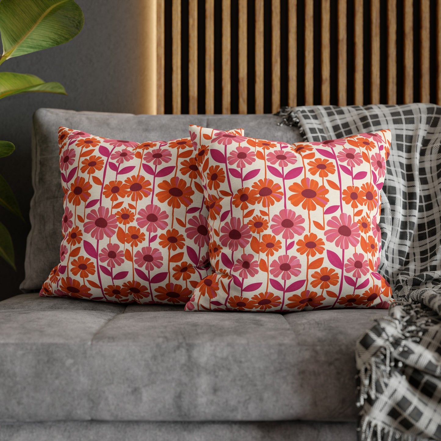 Retro Floral Bliss with Bold Pink and Orange Flower Design Spun Polyester Square Pillowcase 4 Sizes