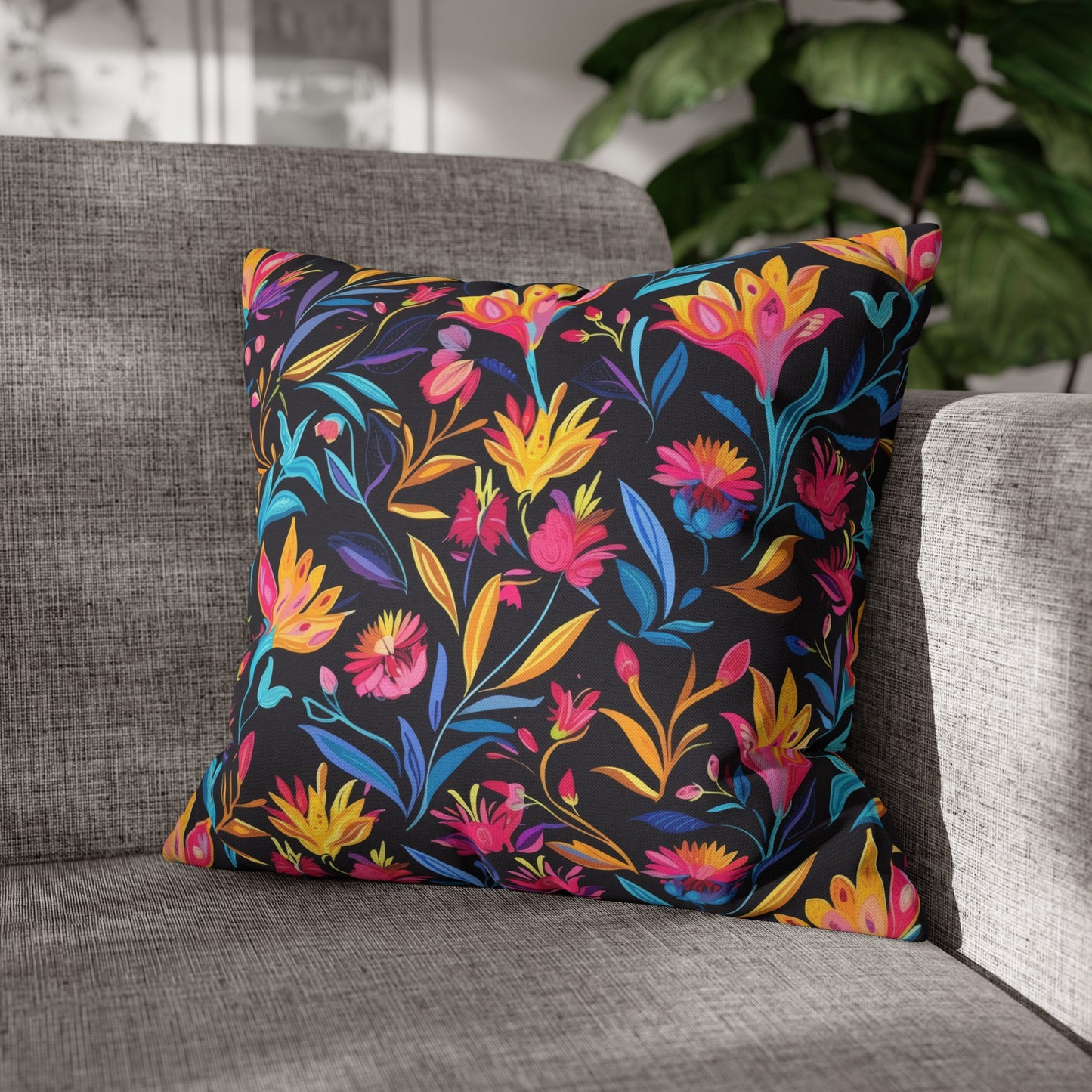 Vibrant Floral Fantasy in Midnight Garden Design Spun Polyester Square Pillowcase 4 Sizes