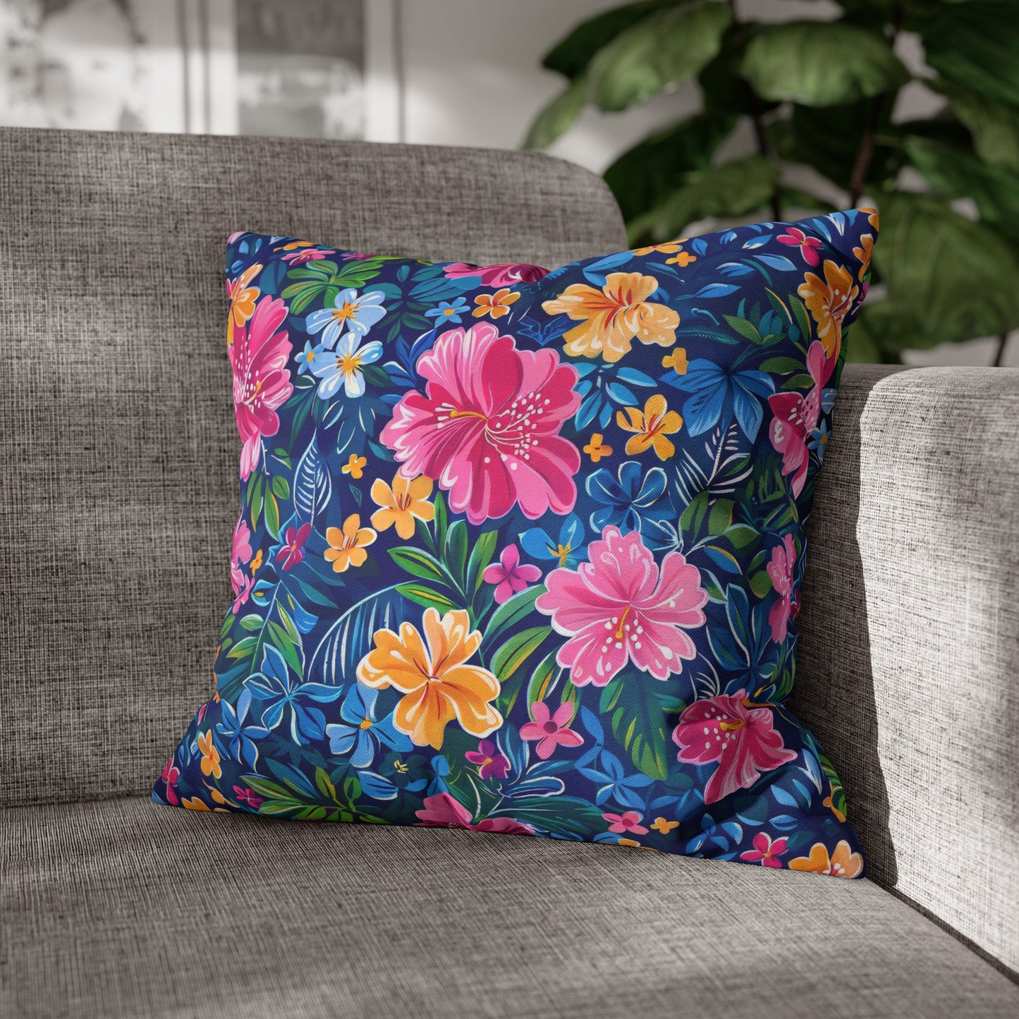 Tropical Sunrise Bloom: Pink Watercolor Flowers with Yellow and Blue Accents Spun Polyester Square Pillowcase 4 Sizes