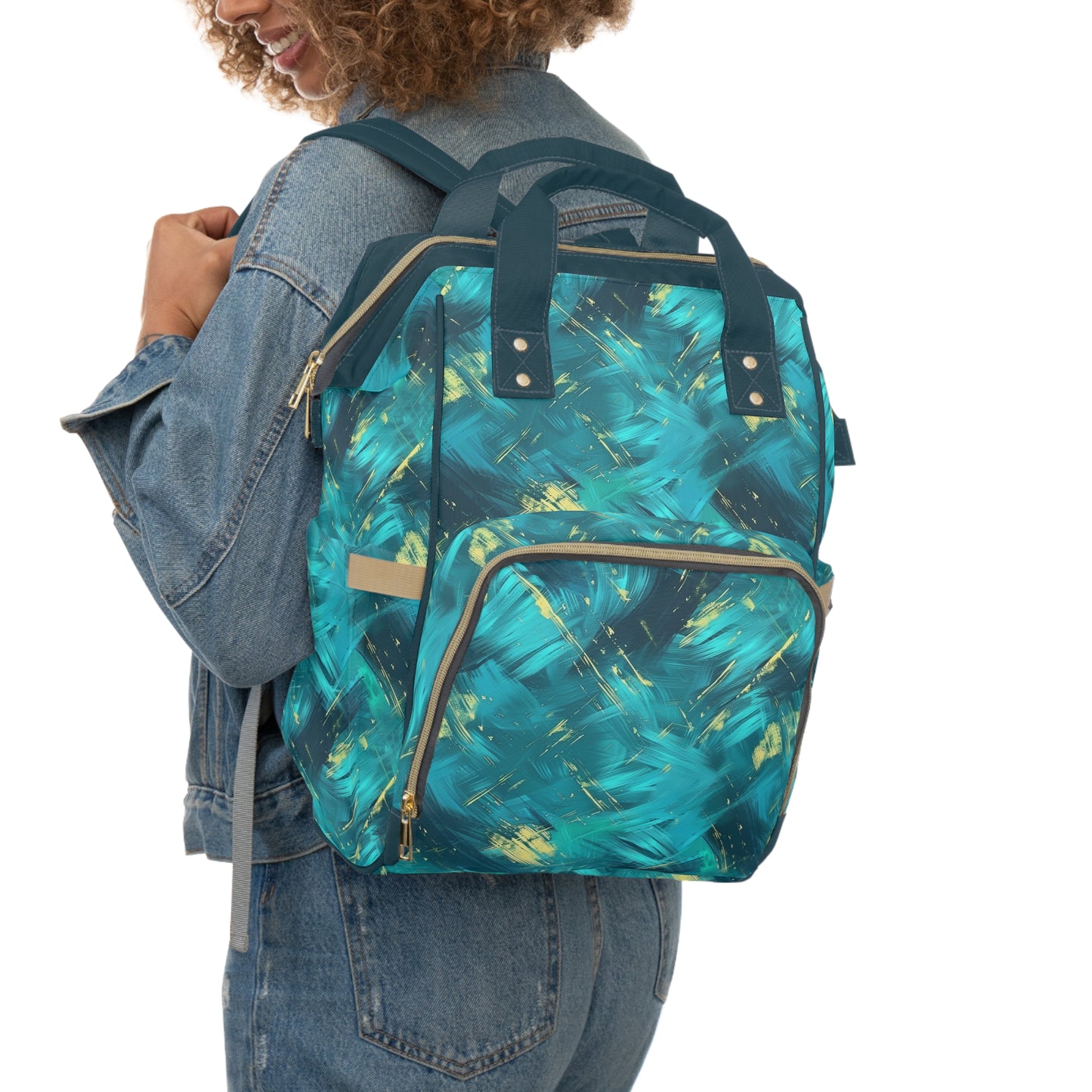 Vibrant Teal and Gold Abstract Brushstroke Pattern Multifunctional Diaper Backpack