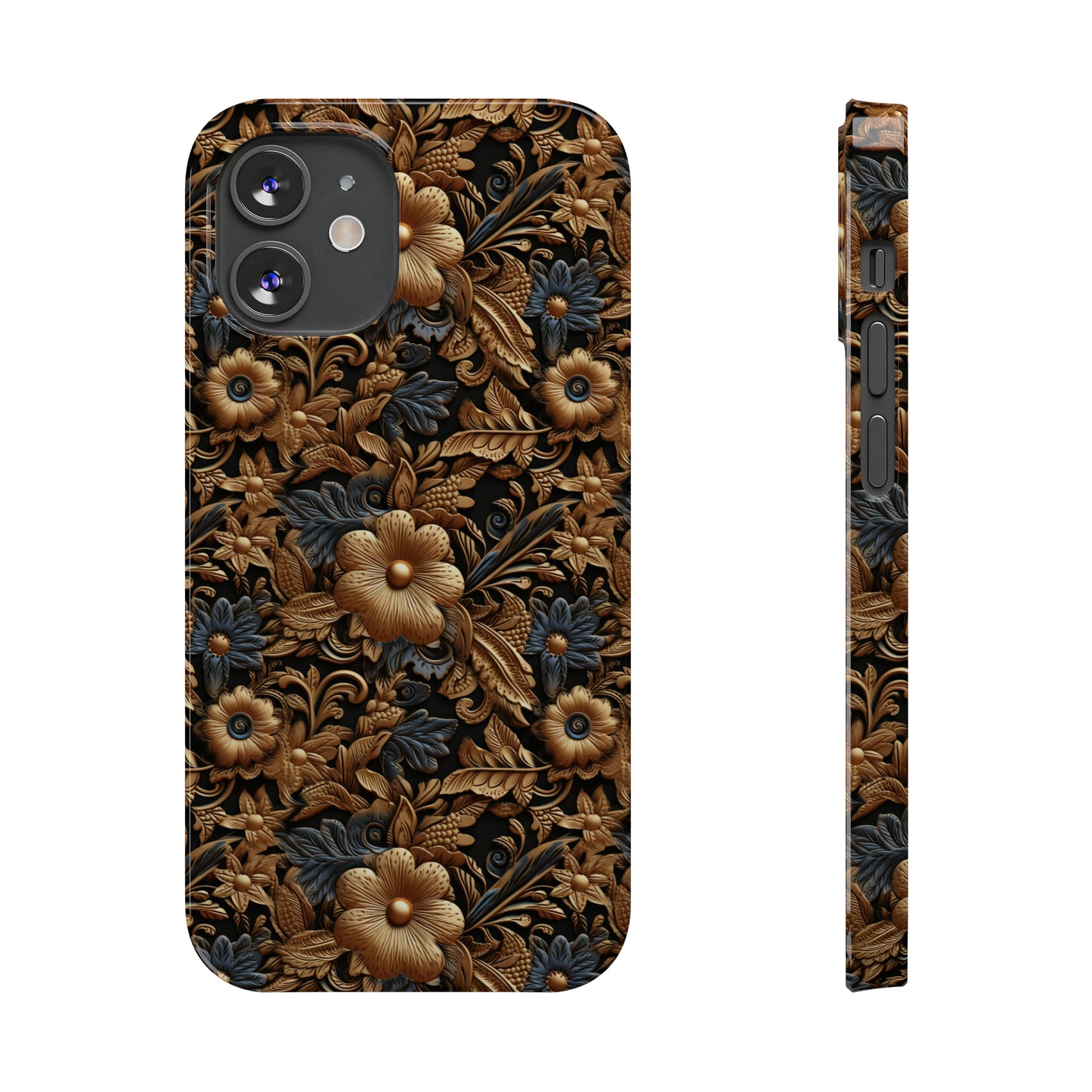 Tooled Leather Gold Flowers with Blue Leaves Accent Print Design Iphone 15-12 Slim Phone Case