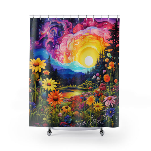 Enchanting Sunrise Over a Whimsical Field of Wildflowers Bathroom Shower Curtain   71" × 74"