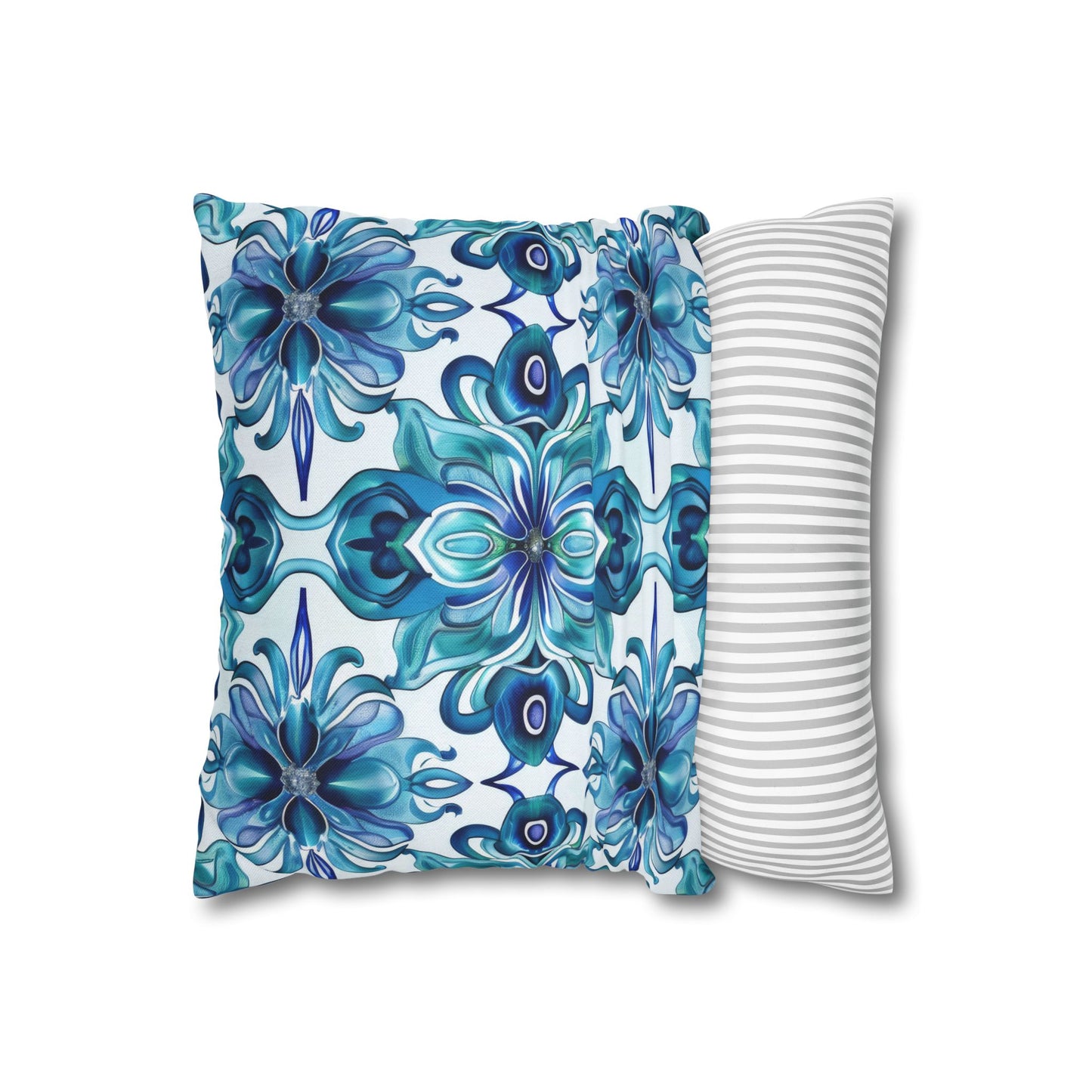 Blossom Symphony of Blue Teal Intricate Floral Pattern Spun Polyester Square Pillowcase 4 Sizes