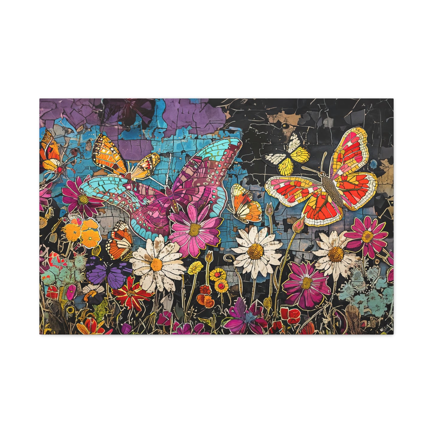 Vibrant Pop Art Garden: Butterfly & Daisy Floral Fantasy Canvas Gallery  - 3 Sizes