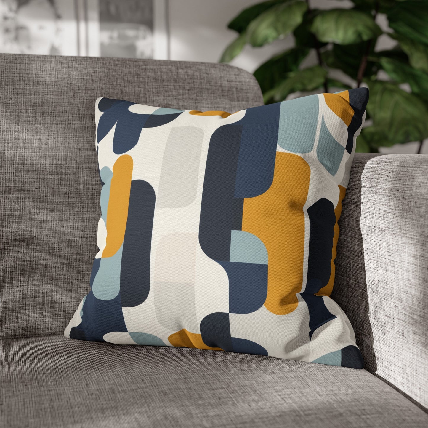 Modern Retro with Bold Geometric Pattern in Mustard and Navy Spun Polyester Square Pillowcase 4 Sizes