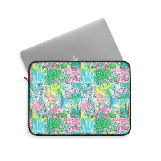 Whimsical Palm Trees and Flowers in Vibrant Pink, Teal, and Green Collage Laptop or Ipad Protective Sleeve Three Sizes Available