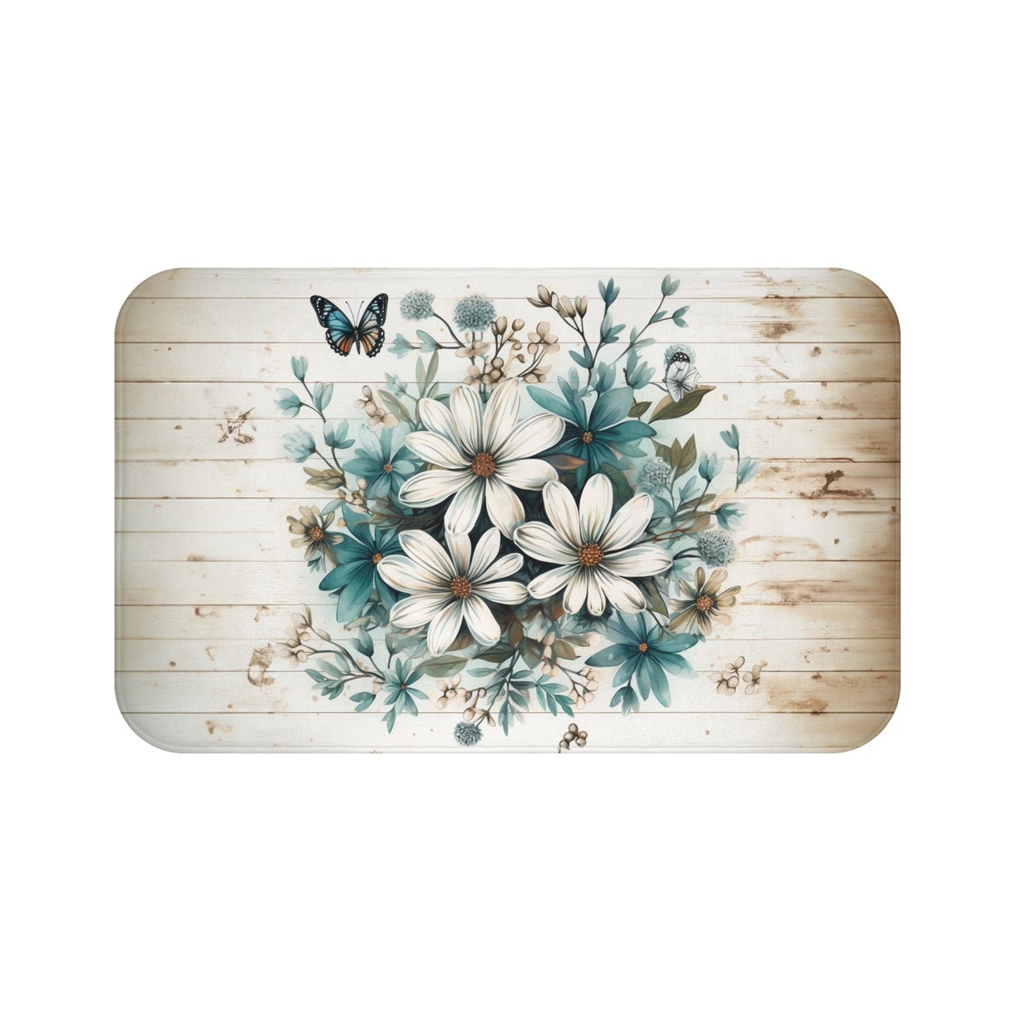 Rustic Charm Bouquet featuring Teal Accents White Wild Daisies with Butterflies  Bathroom Non-Slip Mat 2 Sizes