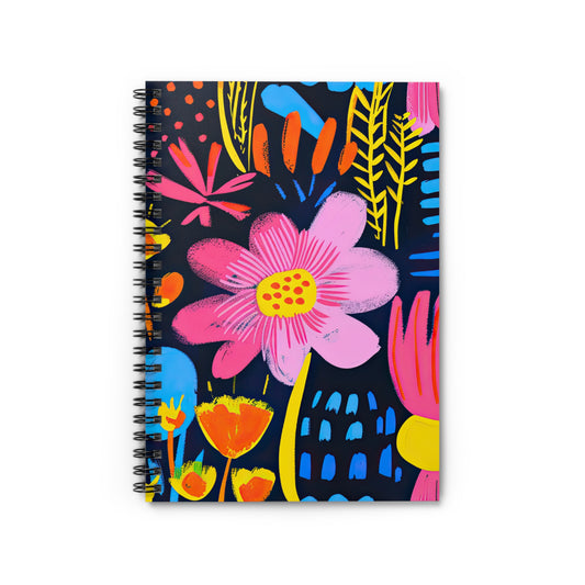 Abstract Floral Delight: Pink, Blue, and Yellow Blossoms  - Spiral Notebook Ruled Line 6"x8"