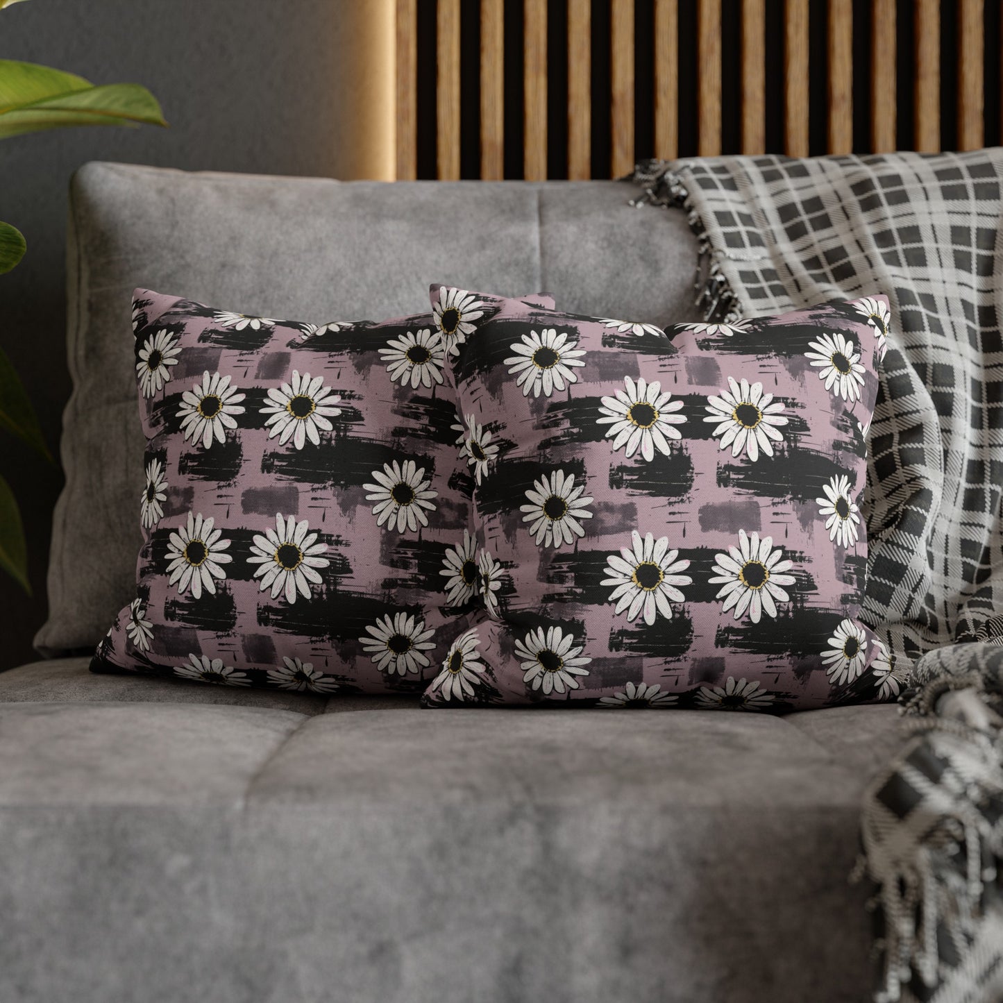 Edgy Daisy Dream with Pink and Black Grunge Spun Polyester Square Pillowcase 4 Sizes