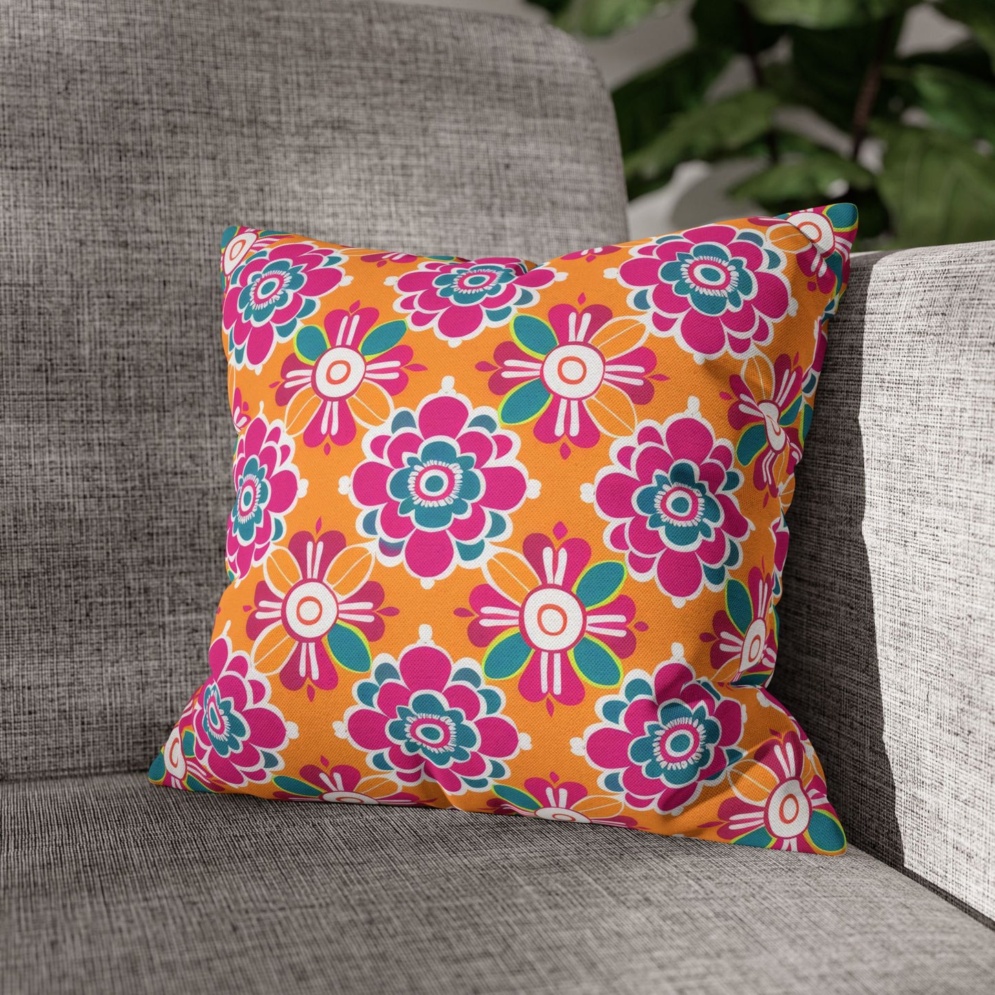 Array of Stylized Floral Motifs in Vivid Pink, Teal, and White Set Against a Warm Orange Backdrop Spun Polyester Square Pillowcase 4 Sizes