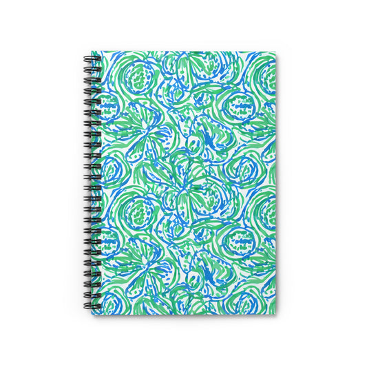 Emerald Tide: Swirling Green and Blue Flowers Spiral Ruled Line Notebook