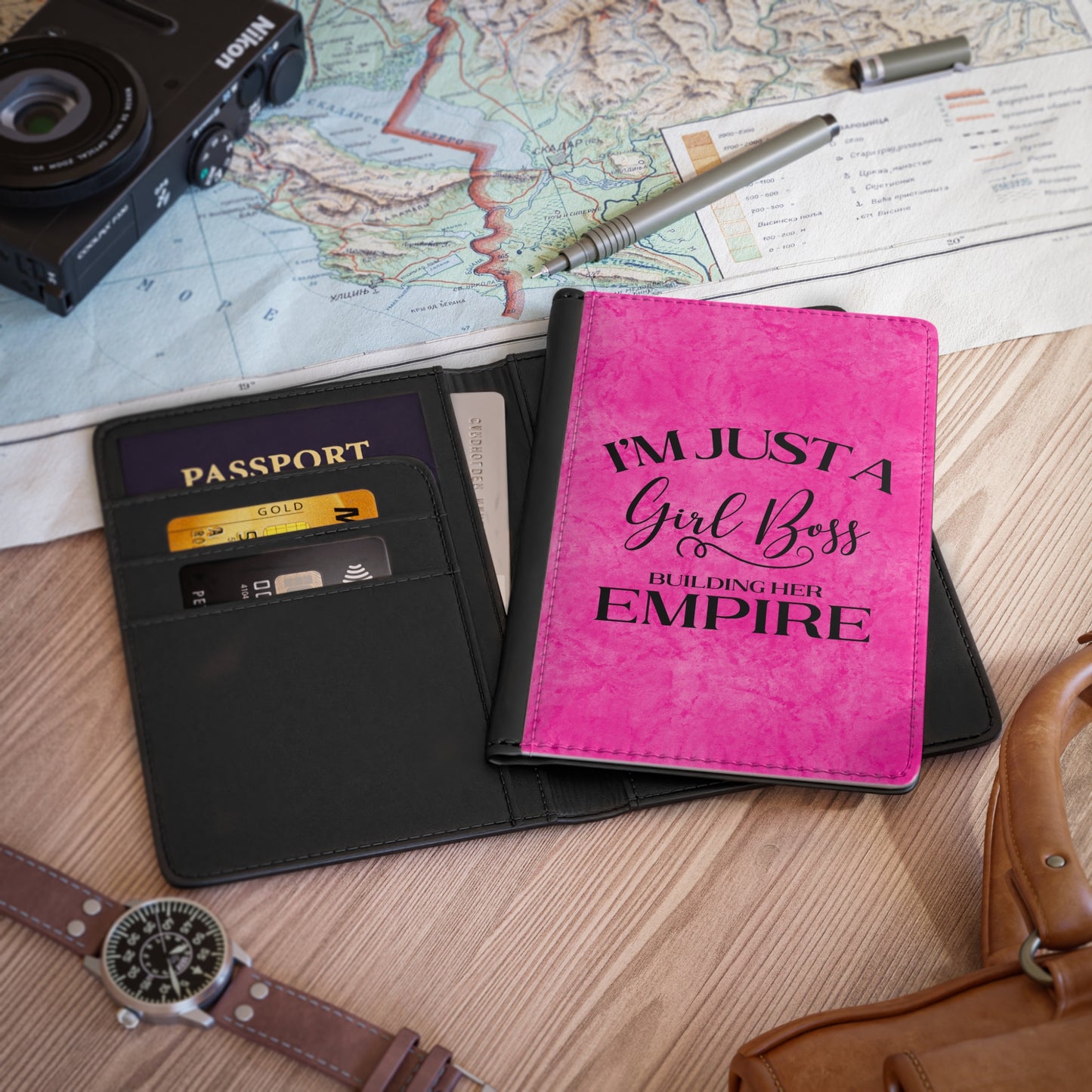 I'm Just A Girl Boss Building Her Empire Pink & Black - Passport Cover Faux Leather RFID Blocking