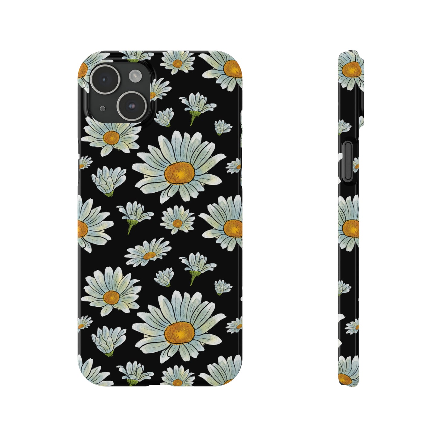 Large Watercolor Summer Daisies Blooming Against a Bold Black Background Iphone 15-12 Slim Phone Case