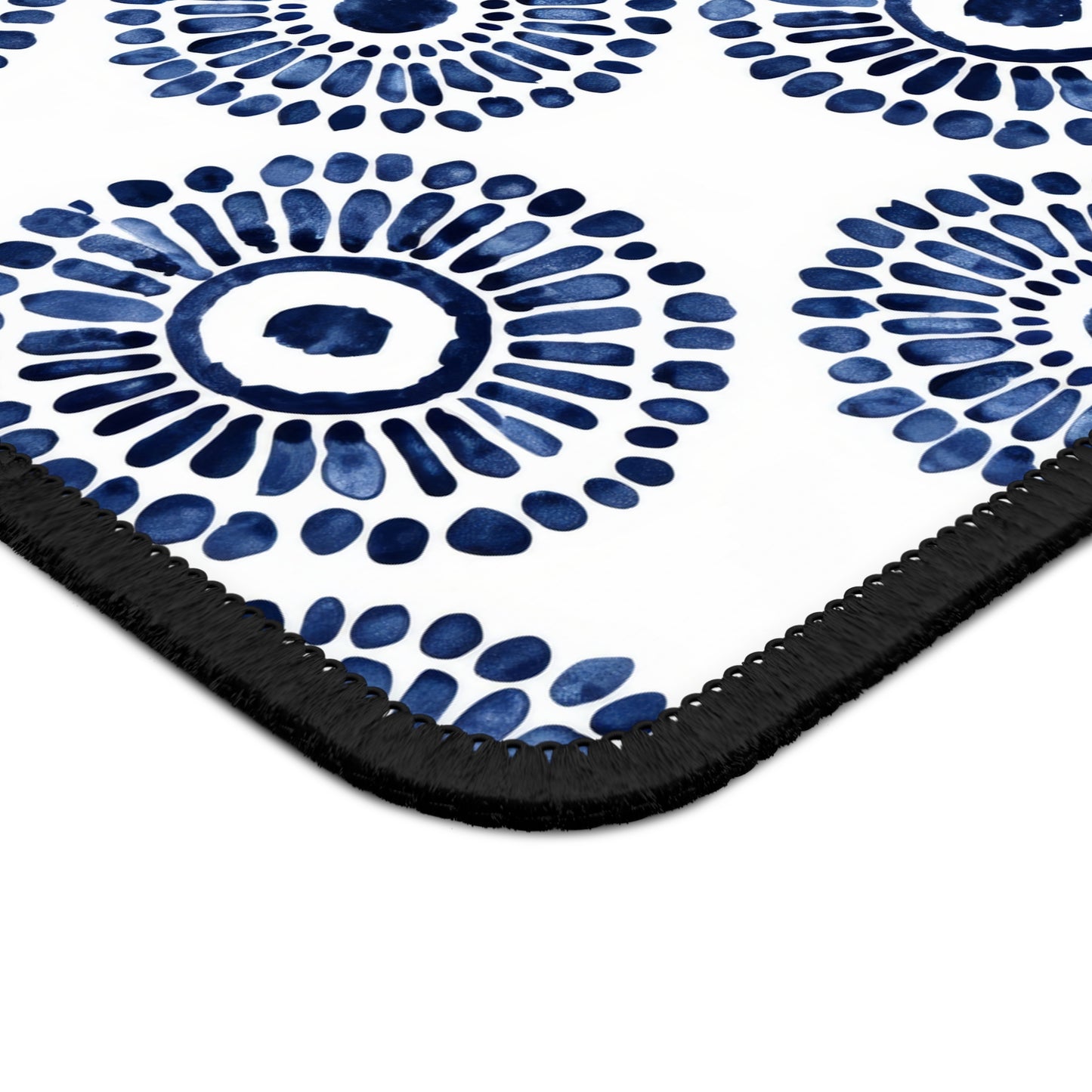 Indigo Sunburst Simple Folk-Inspired Dot Pattern Design Gaming Mouse Pad with Finished Edges