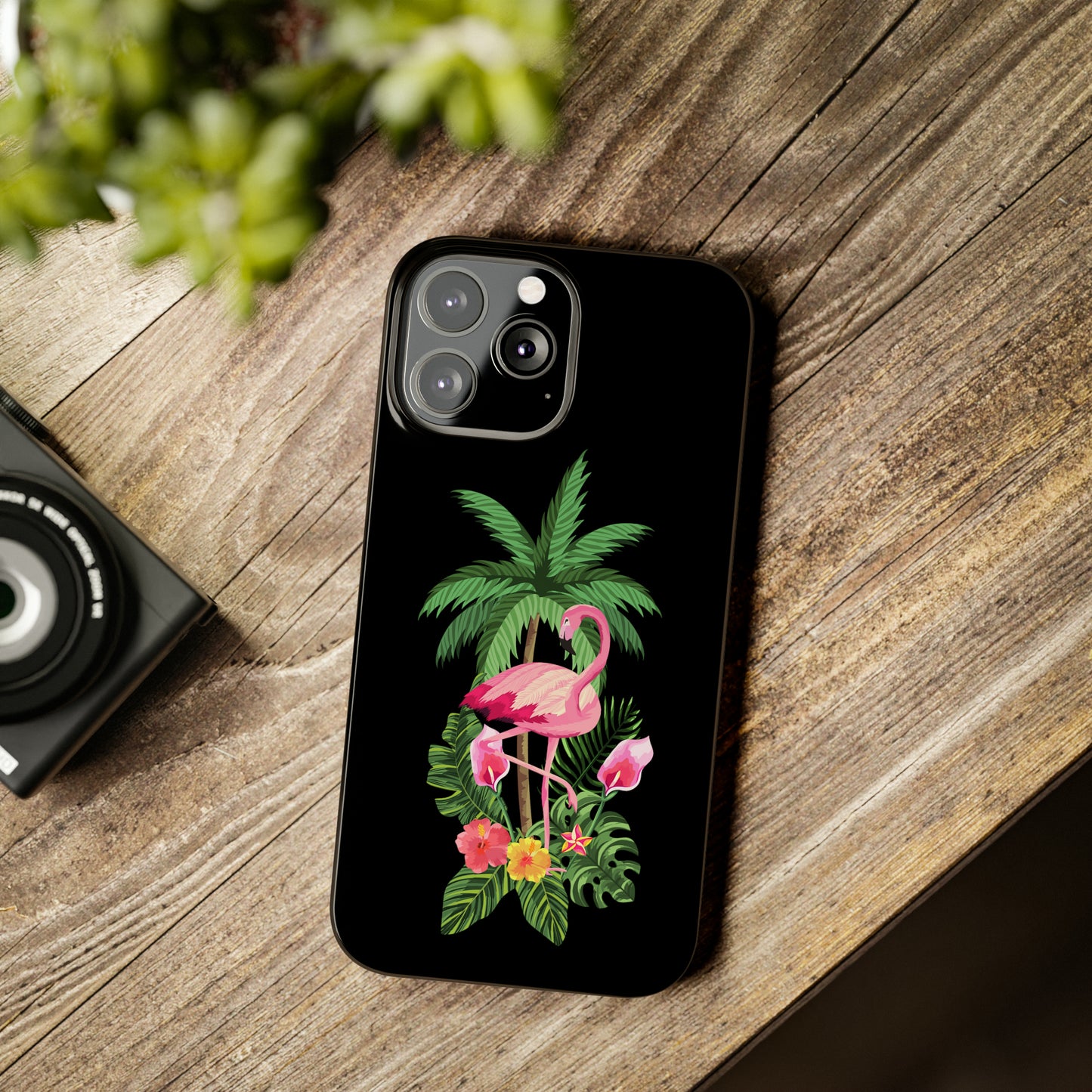 Tropical Pink Flamingo and Flowers Black Background Iphone 15-12 Slim Phone Case