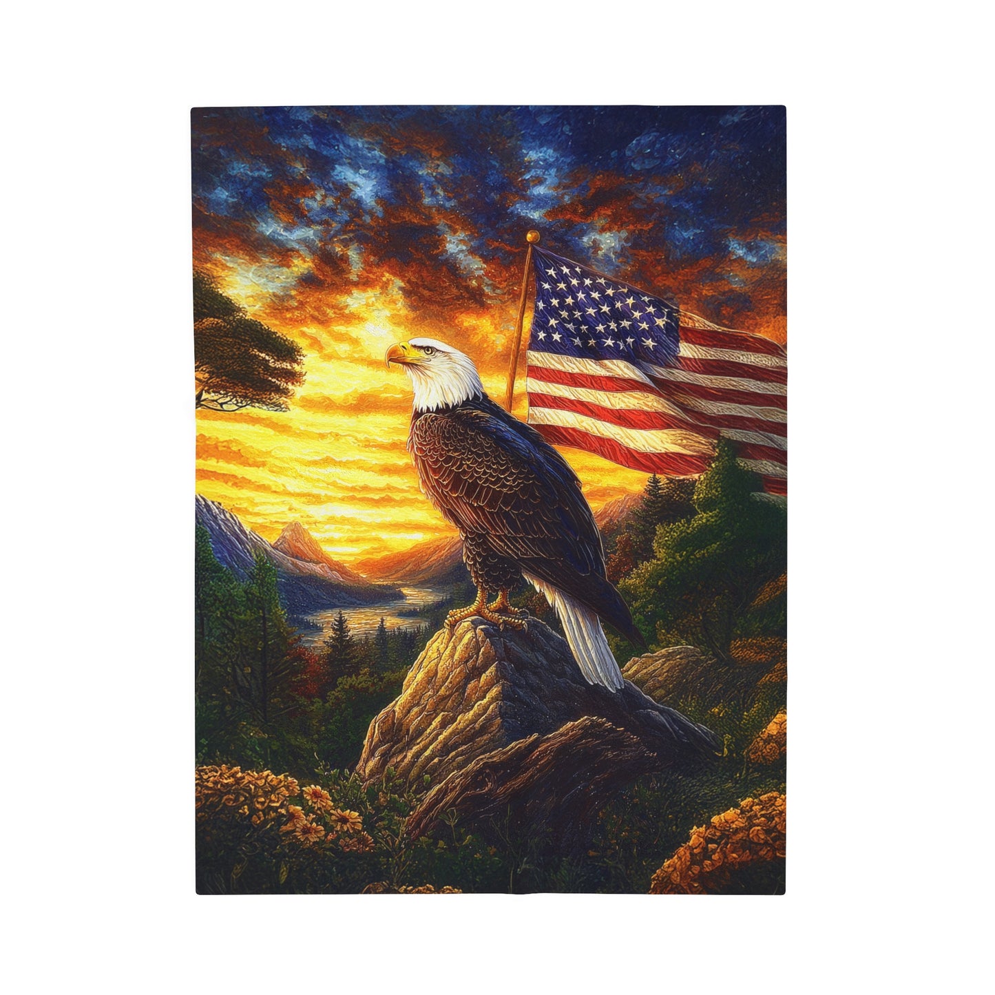 Majestic Bald Eagle with American Flag at Golden Sunset Velveteen Plush Blanket 3 Sizes