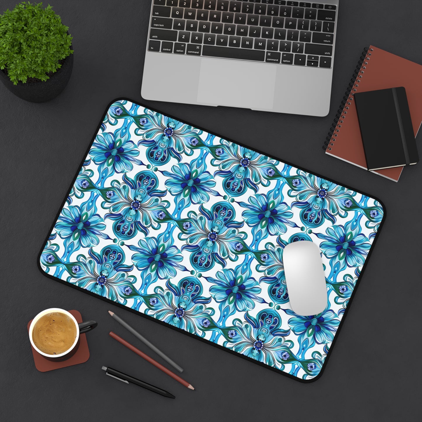 Vibrant Tapestry of Teal and Blue Flowers Extended Gaming Mouse Pad  Desk Mat  - 3 Sizes