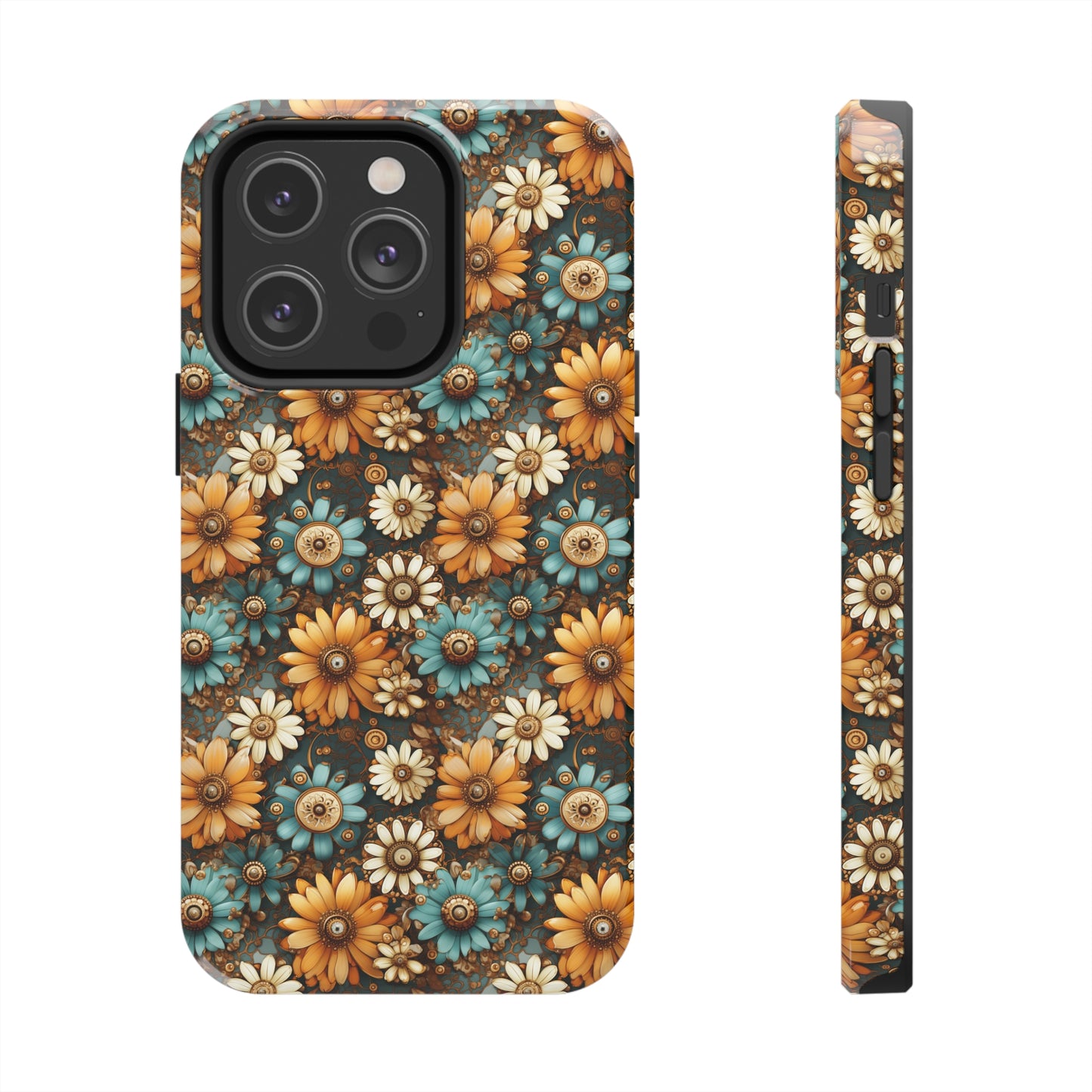 Victorian Steampunk Cream Gold and Teal Flowers with Gears and Mechanical Elements Iphone Tough Phone Case