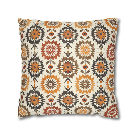 Boho Chic Earth Tone Floral and Folk Art Design in Burnt Orange, Deep Brown, and Creamy Beige Polyester Square Pillowcase 4 Sizes