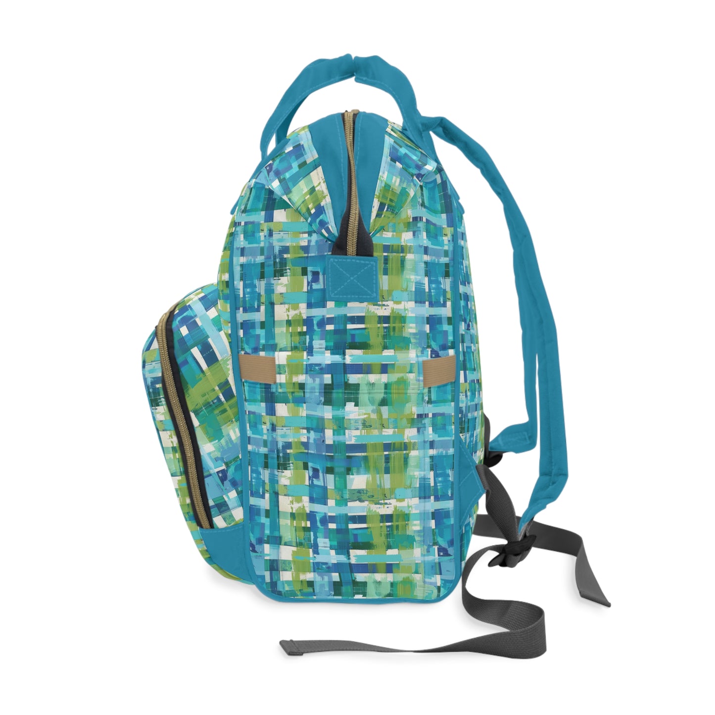 Enchanted Lagoon: Vibrant Green and Blue Abstract Plaid Multifunctional Diaper Backpack