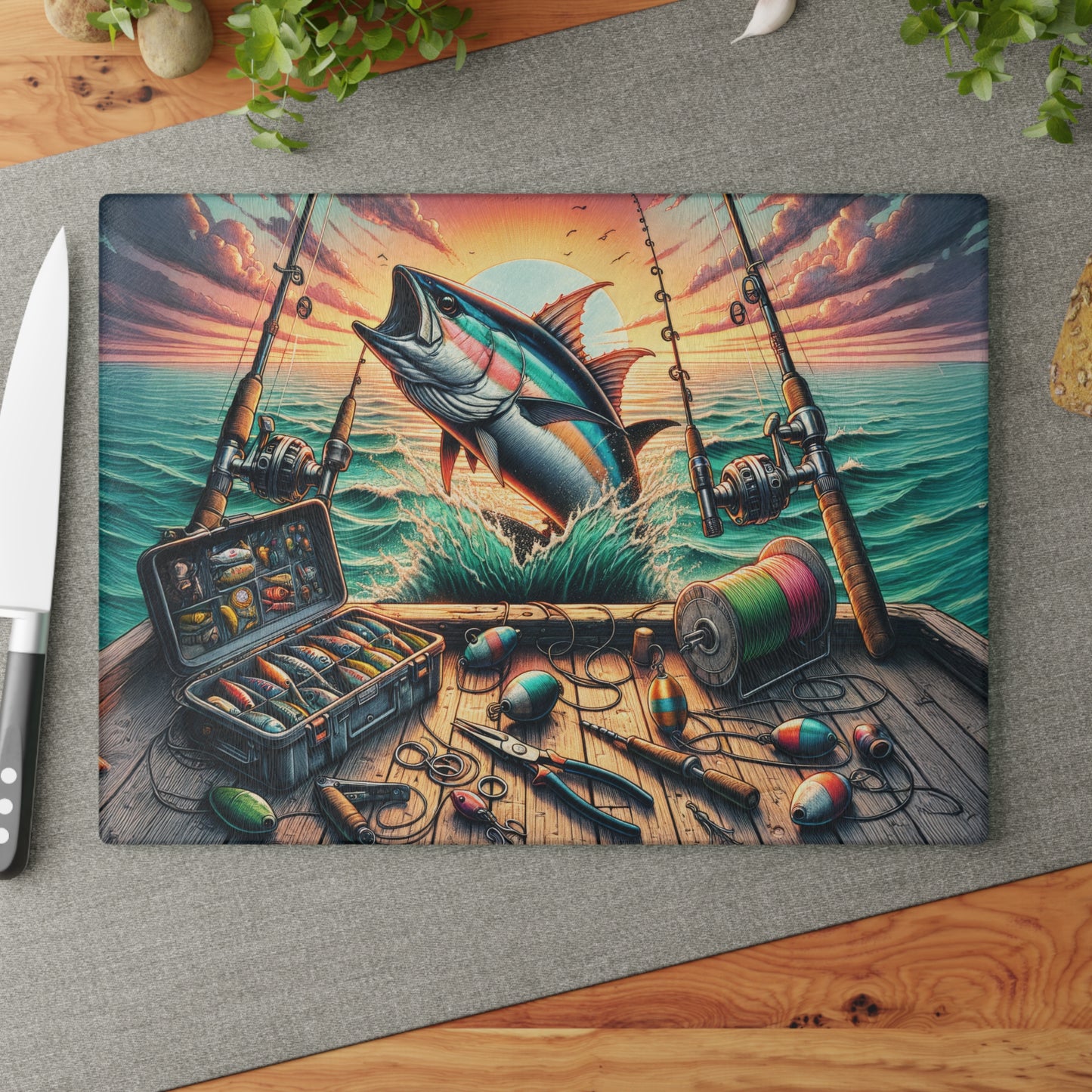 Fishing Life, Sports Fishing Glass Cutting Board, Charcuterie Serving Tray 2 Sizes